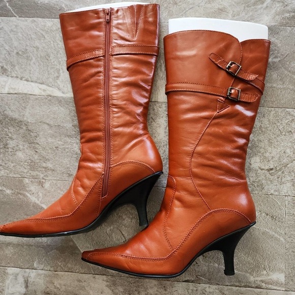 Firenze Leather Boots Woman Camel Size 39EU Italy US8.5 Side Zip/W/Buckles - Picture 2 of 5